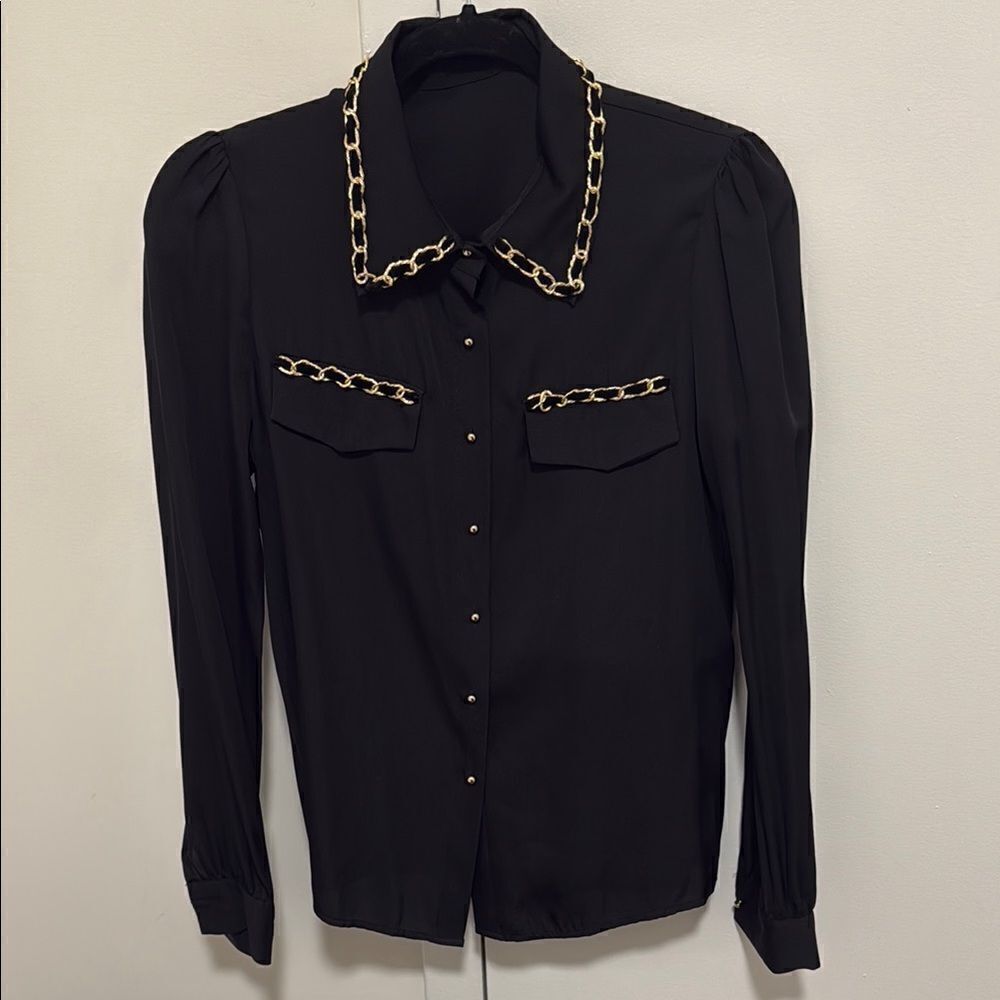 Long Sleeve Black Blouse With Gold-tone Chain Details. Women’s Size Medium.